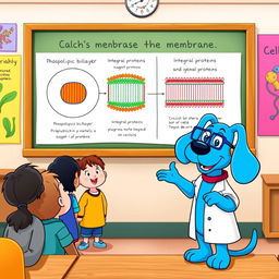 Blue, the enthusiastic animated blue dog from 'Blue's Clues', teaching a class about the cell membrane