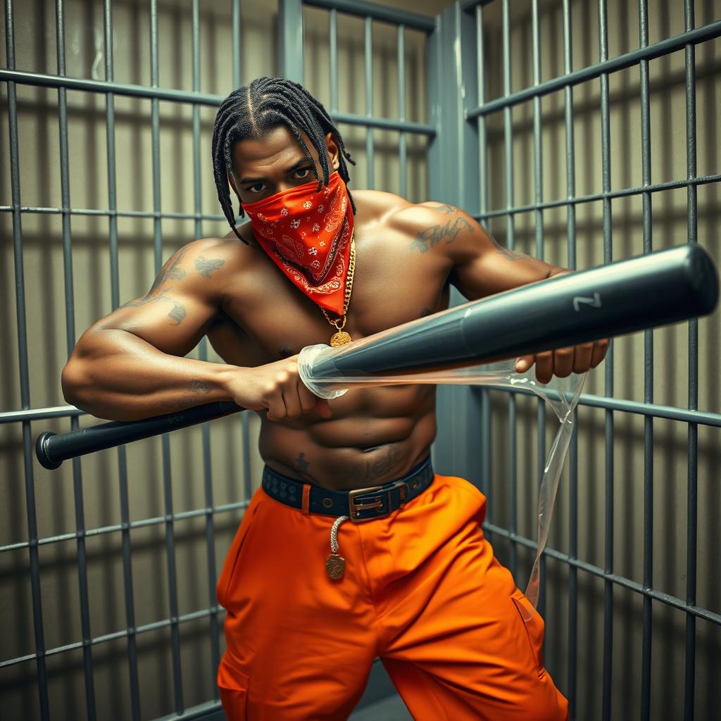 A muscular African American gang member in a prison cell, wearing baggy orange pants and a red bandana mask covering his nose and mouth