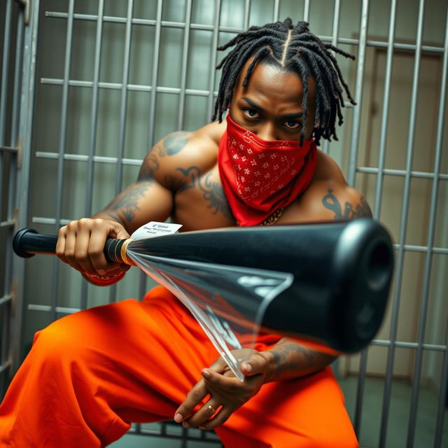 A muscular African American gang member in a prison cell, wearing baggy orange pants and a red bandana mask covering his nose and mouth