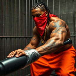 A muscular African American gang member in a prison cell, wearing baggy orange pants and a red bandana mask covering his nose and mouth