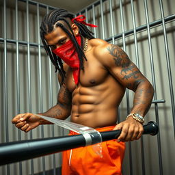 A muscular African American gang member in a prison cell, wearing baggy orange pants and a red bandana mask covering his nose and mouth