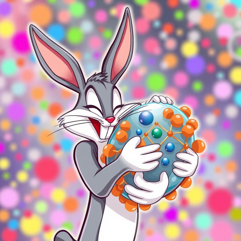 A playful illustration of Bugs Bunny, the iconic cartoon character, affectionately hugging a stylized molecular structure representing a cell membrane