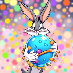 A playful illustration of Bugs Bunny, the iconic cartoon character, affectionately hugging a stylized molecular structure representing a cell membrane