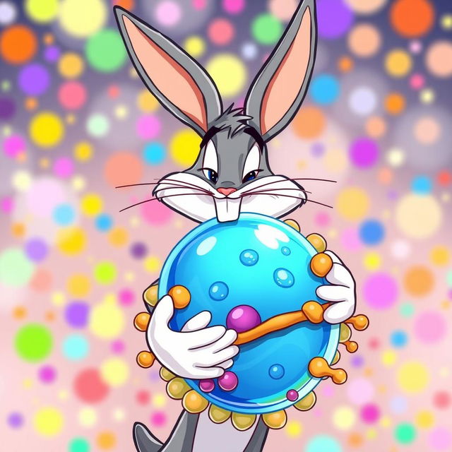 A playful illustration of Bugs Bunny, the iconic cartoon character, affectionately hugging a stylized molecular structure representing a cell membrane