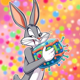 A playful illustration of Bugs Bunny, the iconic cartoon character, affectionately hugging a stylized molecular structure representing a cell membrane