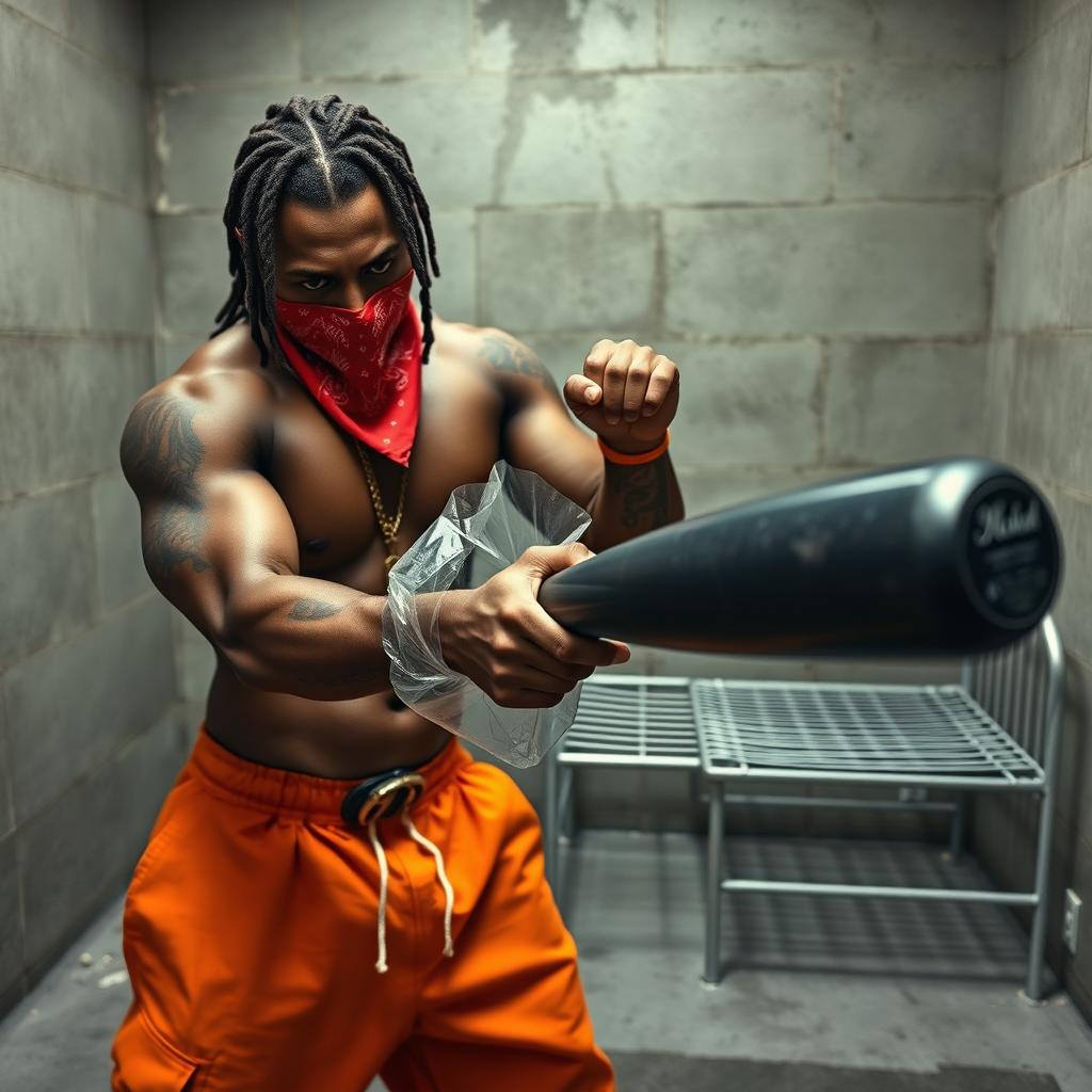 A muscular African American gang member in a prison cell, wearing baggy orange pants and a red bandana mask covering his nose and mouth