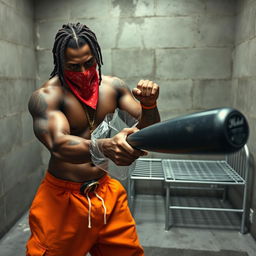 A muscular African American gang member in a prison cell, wearing baggy orange pants and a red bandana mask covering his nose and mouth