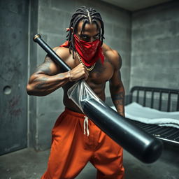 A muscular African American gang member in a prison cell, wearing baggy orange pants and a red bandana mask covering his nose and mouth