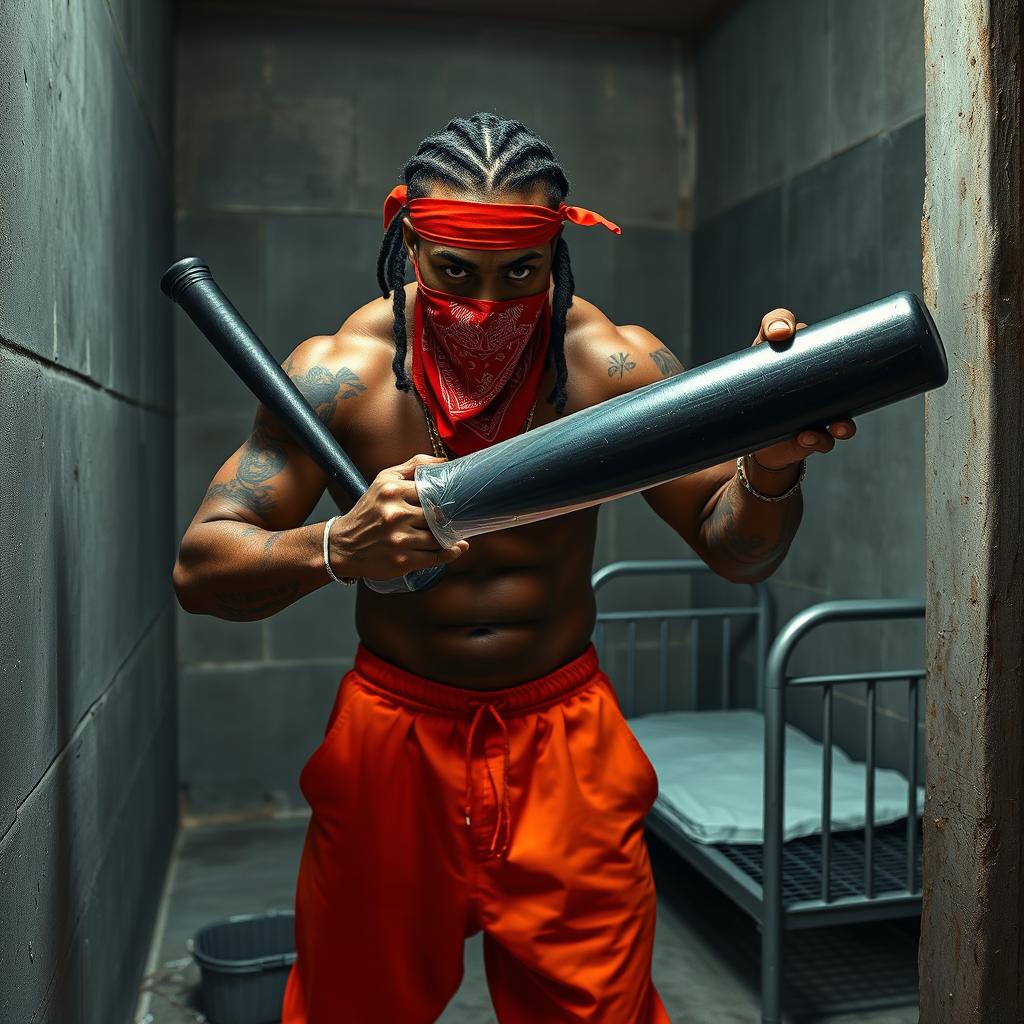 A muscular African American gang member in a prison cell, wearing baggy orange pants and a red bandana mask covering his nose and mouth