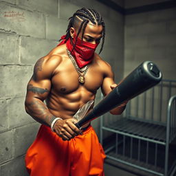 A muscular African American gang member in a prison cell, wearing baggy orange pants and a red bandana mask covering his nose and mouth