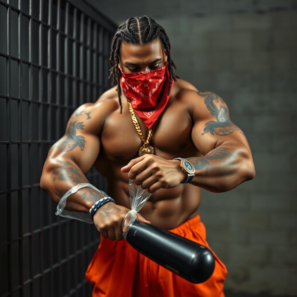 A muscular African American gang member dressed in baggy orange pants and wearing a red bandana mask that covers his nose and mouth