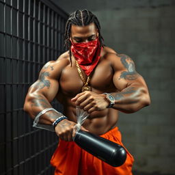 A muscular African American gang member dressed in baggy orange pants and wearing a red bandana mask that covers his nose and mouth