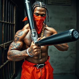 A muscular African American gang member dressed in baggy orange pants and wearing a red bandana mask that covers his nose and mouth