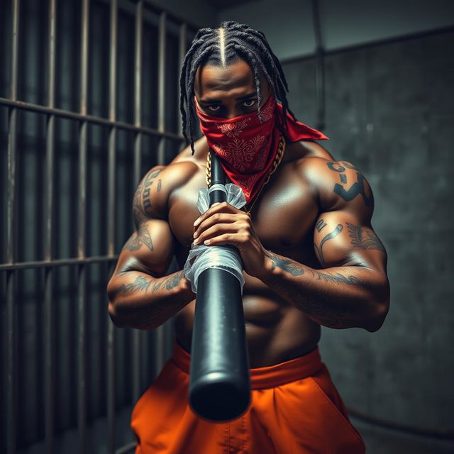 A muscular African American gang member dressed in baggy orange pants and wearing a red bandana mask that covers his nose and mouth