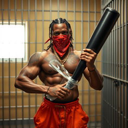 A muscular African American gang member standing in a prison cell