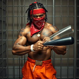 A muscular African American gang member standing in a prison cell