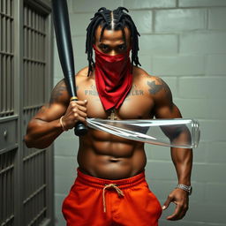 A muscular African American gang member standing in a prison cell