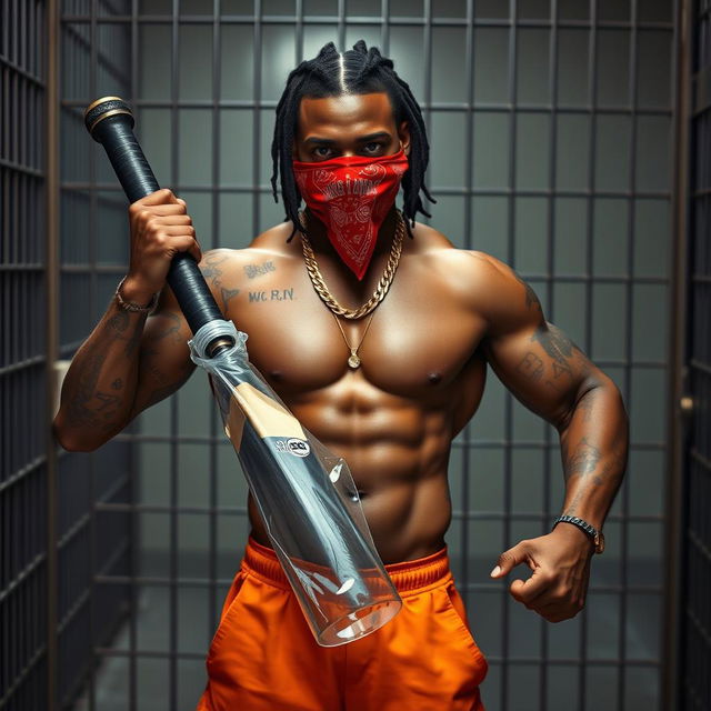 A muscular African American gang member standing in a prison cell