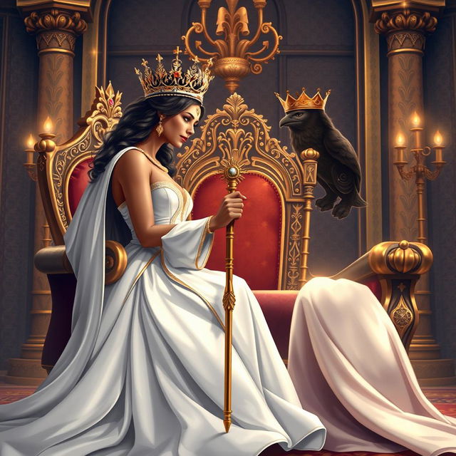 An elegantly designed book cover illustration featuring a regal queen with tanned skin, adorned in a flowing white gown that shimmers with accents of gold