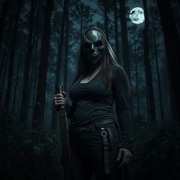 A mysterious woman in a dark, eerie forest, wearing a detailed, ominous mask that obscures her face