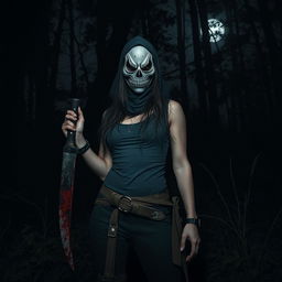 A mysterious woman in a dark, eerie forest, wearing a detailed, ominous mask that obscures her face