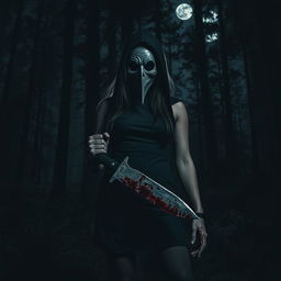 A mysterious woman in a dark, eerie forest, wearing a detailed, ominous mask that obscures her face