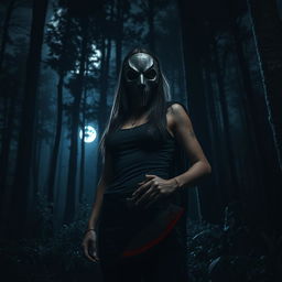 A mysterious woman in a dark, eerie forest, wearing a detailed, ominous mask that obscures her face