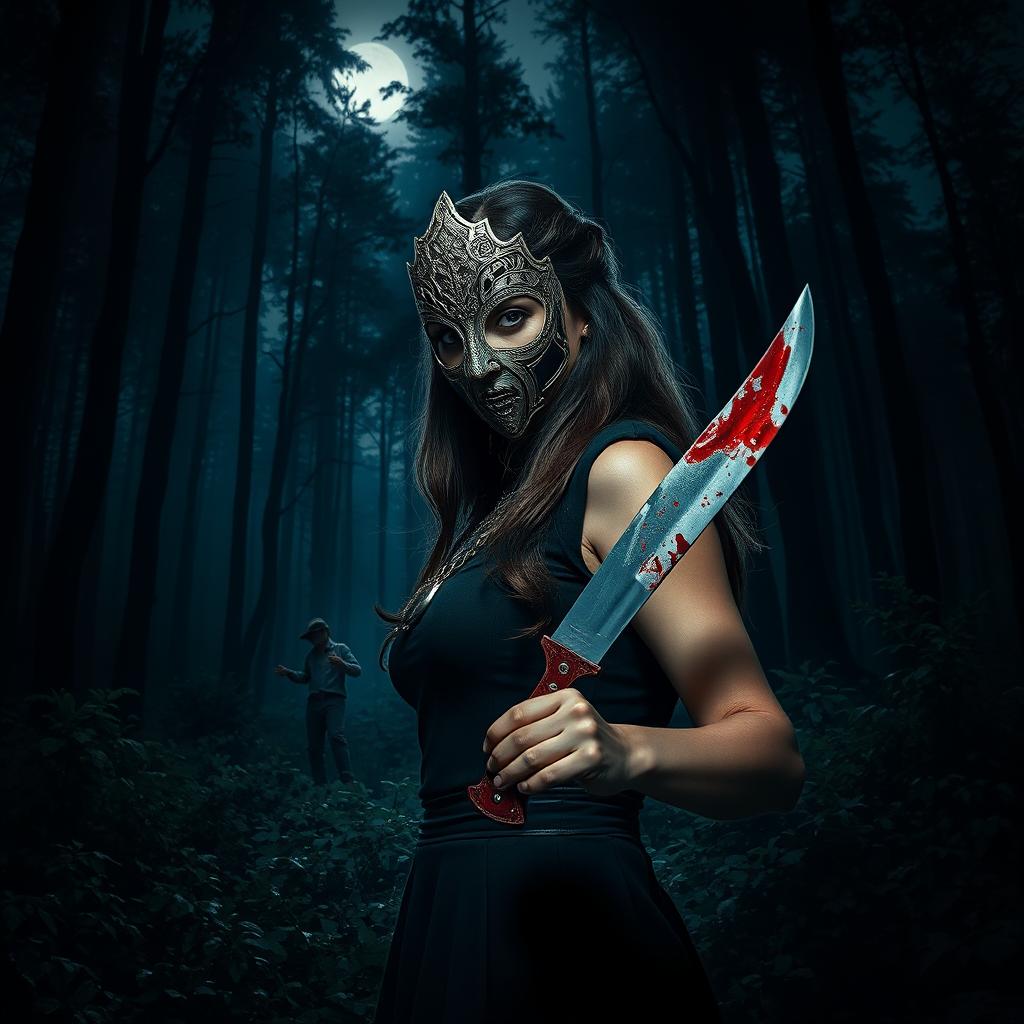 A woman in a mysterious, dark forest, wearing an intricately designed, ornate mask that partially obscures her face