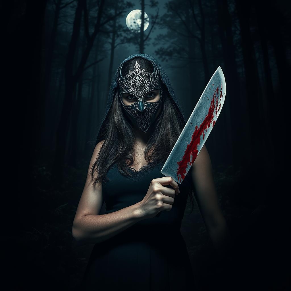 A woman in a mysterious, dark forest, wearing an intricately designed, ornate mask that partially obscures her face