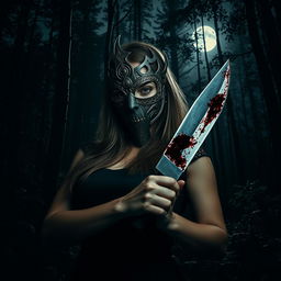 A woman in a mysterious, dark forest, wearing an intricately designed, ornate mask that partially obscures her face