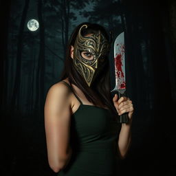 A woman in a mysterious, dark forest, wearing an intricately designed, ornate mask that partially obscures her face