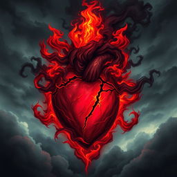 A symbolic representation of a heart engulfed in flames, pulsating with shades of deep red and black, signifying intense emotions of scorn and fury