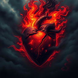 A symbolic representation of a heart engulfed in flames, pulsating with shades of deep red and black, signifying intense emotions of scorn and fury