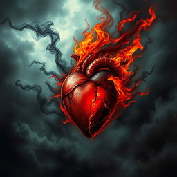 A symbolic representation of a heart engulfed in flames, pulsating with shades of deep red and black, signifying intense emotions of scorn and fury