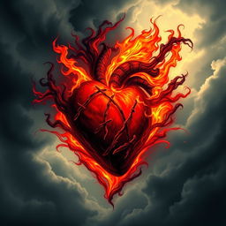 A symbolic representation of a heart engulfed in flames, pulsating with shades of deep red and black, signifying intense emotions of scorn and fury