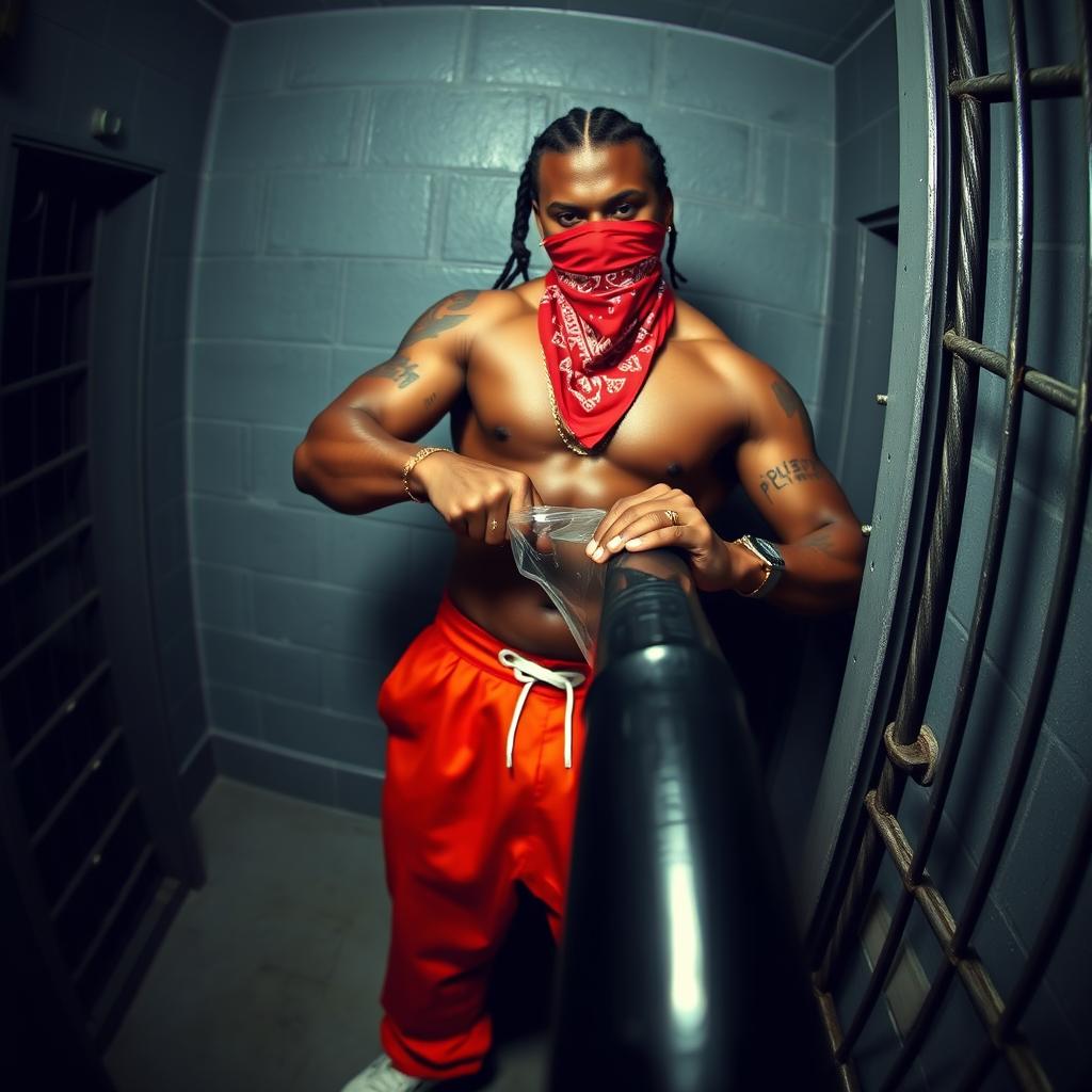 Security camera footage featuring a muscular African American gang member in baggy orange pants and a red bandana mask covering his nose and mouth