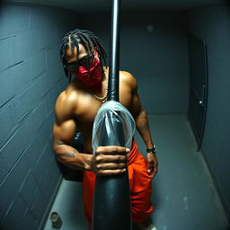 Security camera footage featuring a muscular African American gang member in baggy orange pants and a red bandana mask covering his nose and mouth