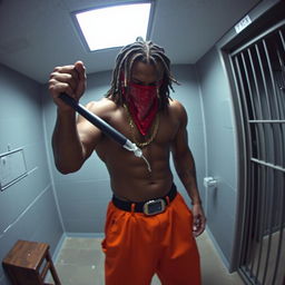 Security camera footage featuring a muscular African American gang member in baggy orange pants and a red bandana mask covering his nose and mouth