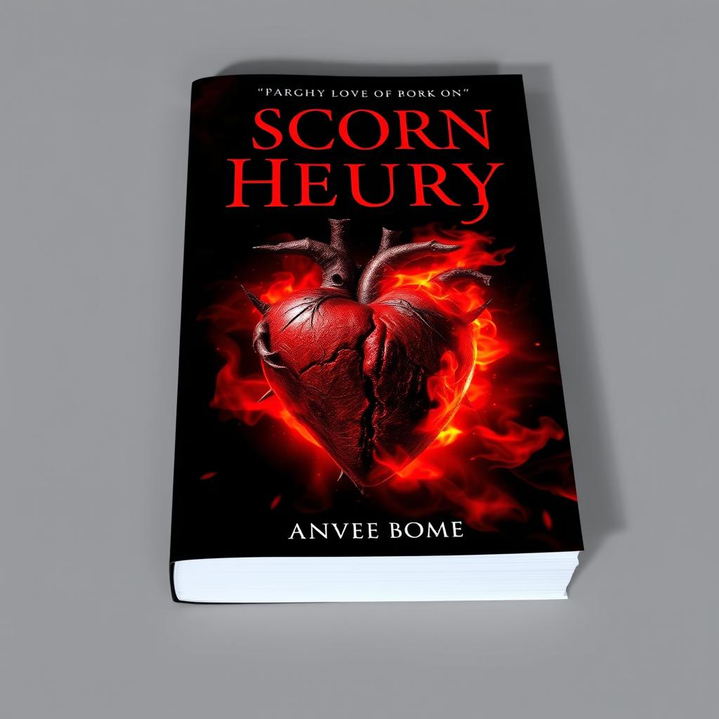 An eye-catching book cover design featuring a heart of scorn and fury, engulfed in intense red flames and dark shadows