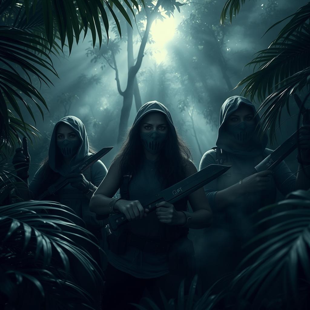 A tense jungle scene featuring women in masks, wielding machetes, surrounded by dense, ominous foliage