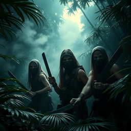 A tense jungle scene featuring women in masks, wielding machetes, surrounded by dense, ominous foliage