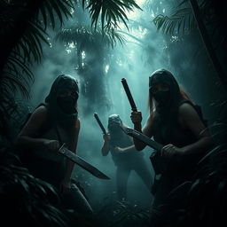 A tense jungle scene featuring women in masks, wielding machetes, surrounded by dense, ominous foliage