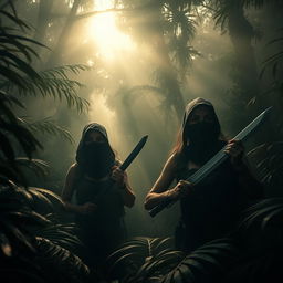 A tense jungle scene featuring women in masks, wielding machetes, surrounded by dense, ominous foliage