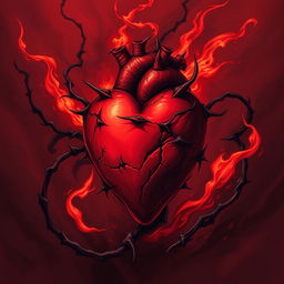 A striking illustration of a heart of scorn and fury, prominently displayed in a rich, deep red color, surrounded by swirling flames and dark, shadowy tendrils