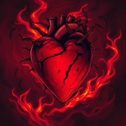 A striking illustration of a heart of scorn and fury, prominently displayed in a rich, deep red color, surrounded by swirling flames and dark, shadowy tendrils