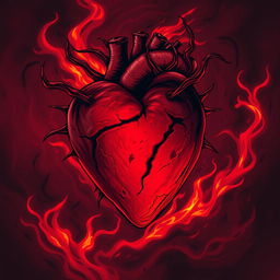 A striking illustration of a heart of scorn and fury, prominently displayed in a rich, deep red color, surrounded by swirling flames and dark, shadowy tendrils