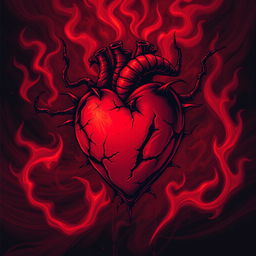 A striking illustration of a heart of scorn and fury, prominently displayed in a rich, deep red color, surrounded by swirling flames and dark, shadowy tendrils