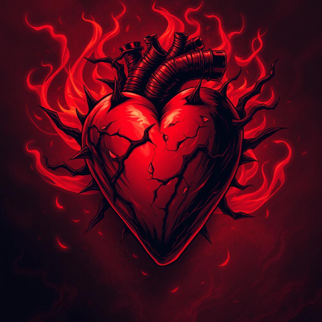 A striking illustration of a heart of scorn and fury, prominently displayed in a rich, deep red color, surrounded by swirling flames and dark, shadowy tendrils