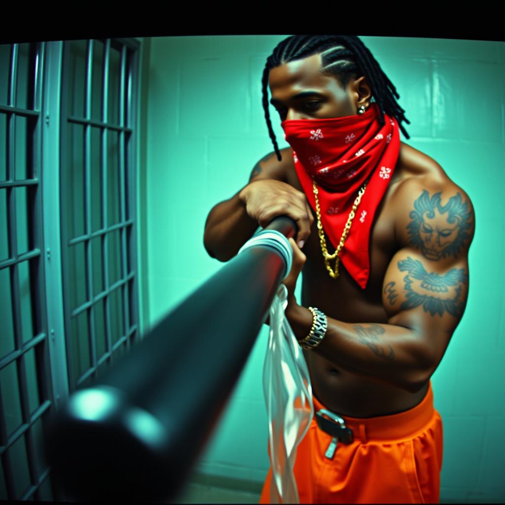 A scene depicting grainy CCTV footage in a prison cell, showcasing a muscular African American gang member