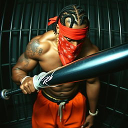 Grainy CCTV footage depicting a muscular African American gang member wearing baggy orange pants and a red bandana mask that covers his nose and mouth